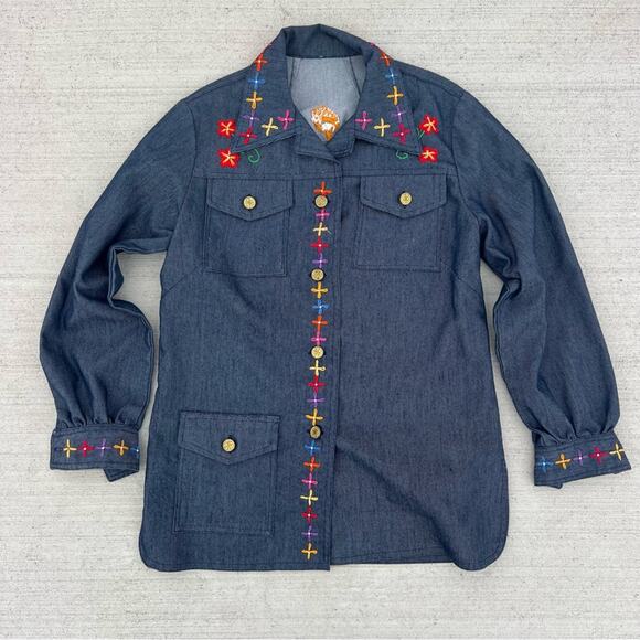60s Handmade Embroidered Daisy Chain Mushy Mod MCM Selvedge Denim Shirt Jacket - Picture 1 of 8